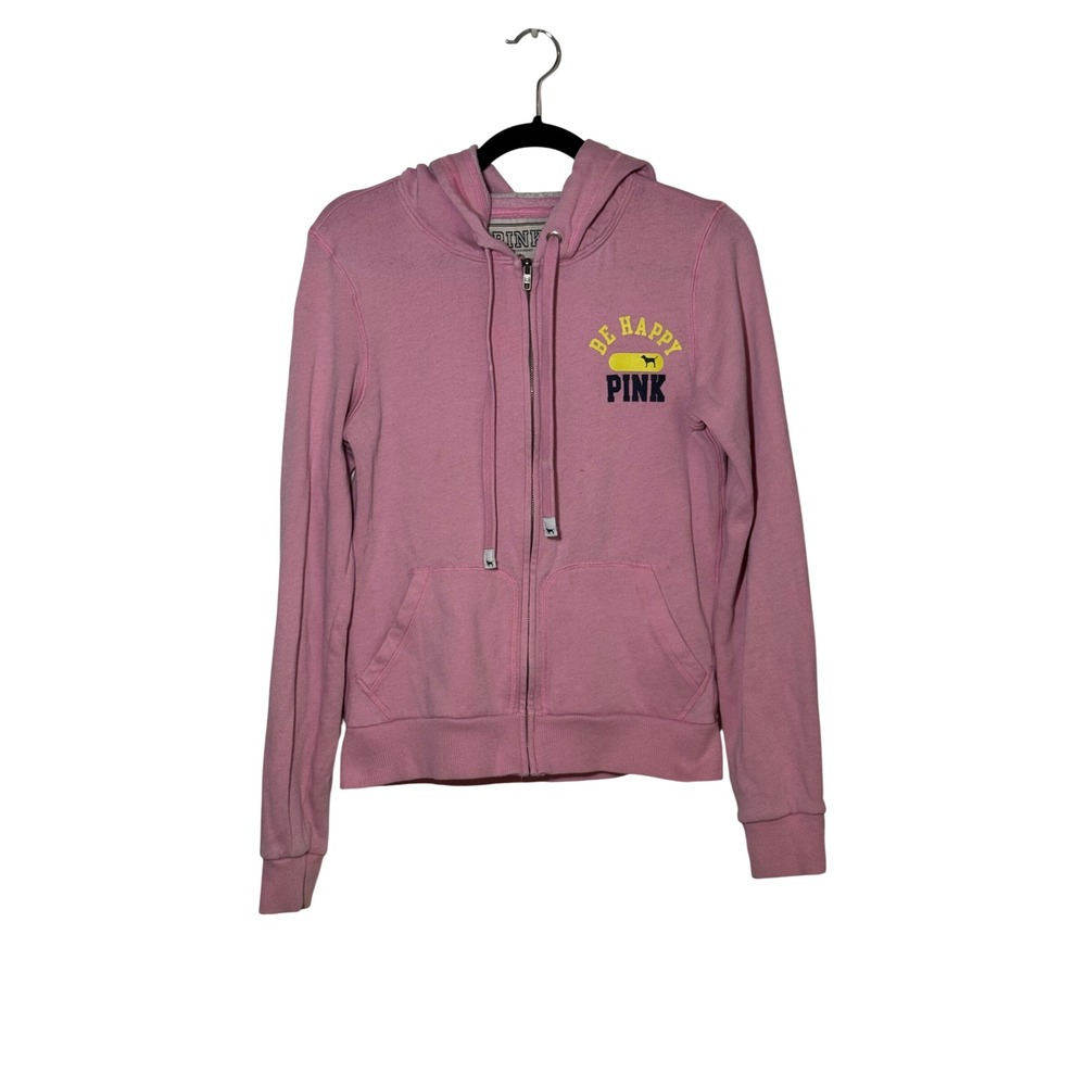 PINK Victoria's Secret Be‎ Happy Smiley Face Full Zip Hoodie Pink Medium